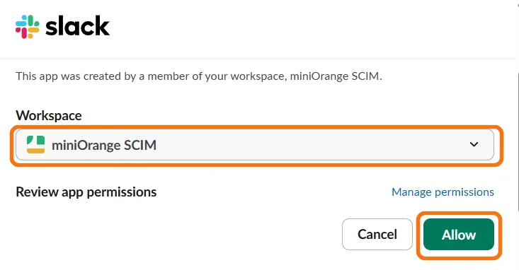 Slack SCIM Provisioning setup - verify selected workspace for custom authorization