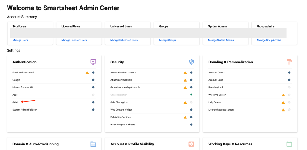 Smartsheet Single Sign On (sso) authentication section select SAML