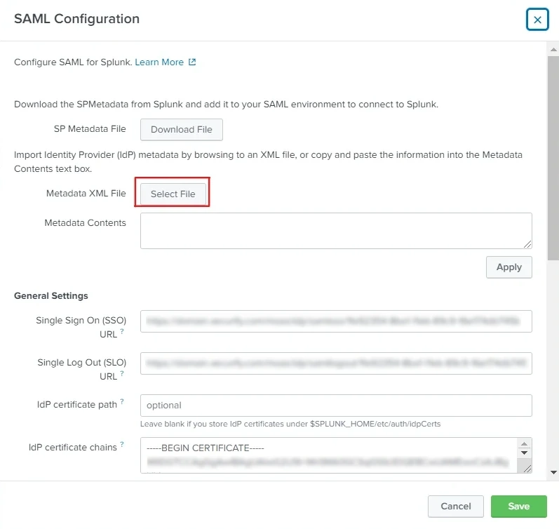 Splunk Single Sign-On (sso) Configurations: Metadata xml file