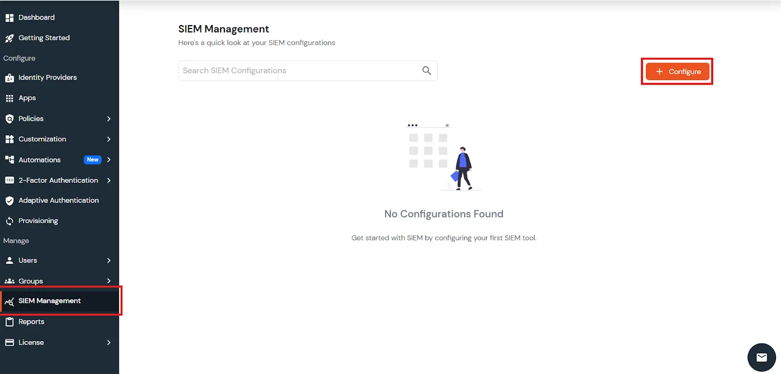 SIEM Management Configure Tab in miniOrange Admin Console
