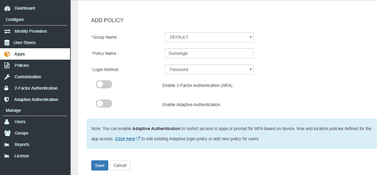 SumoLogic Single Sign On (sso) add policy