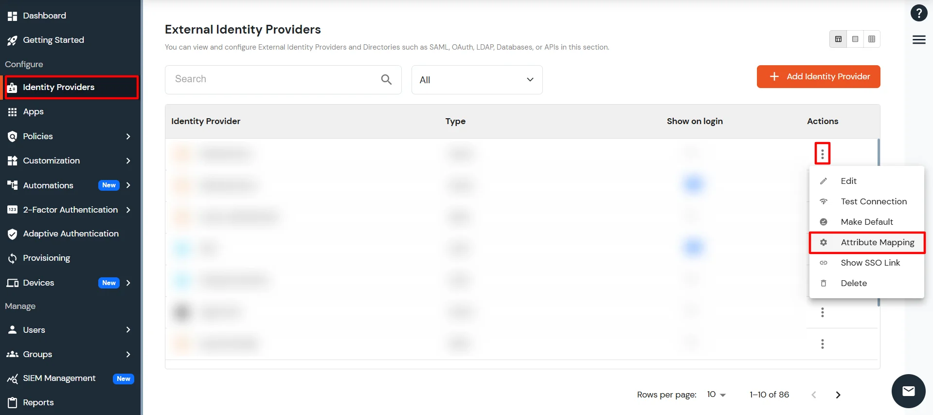 miniOrange Admin Handbook: Click on Identity Providers then next to your IDP click on Attribute Mapping