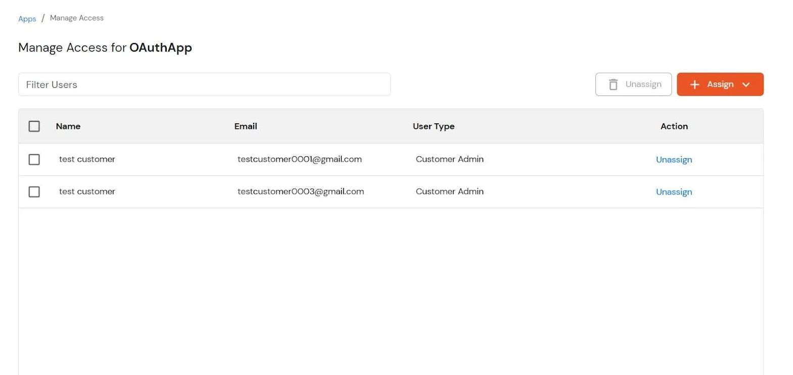 miniOrange Identity Platform Partner Portal Handbook: Manage Access interface for OAuthApp