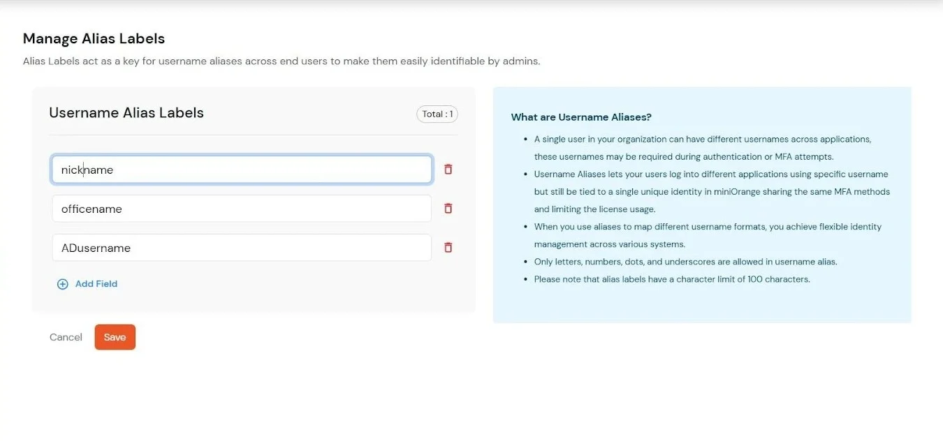 miniOrange Admin Handbook: Manage Alias Labels