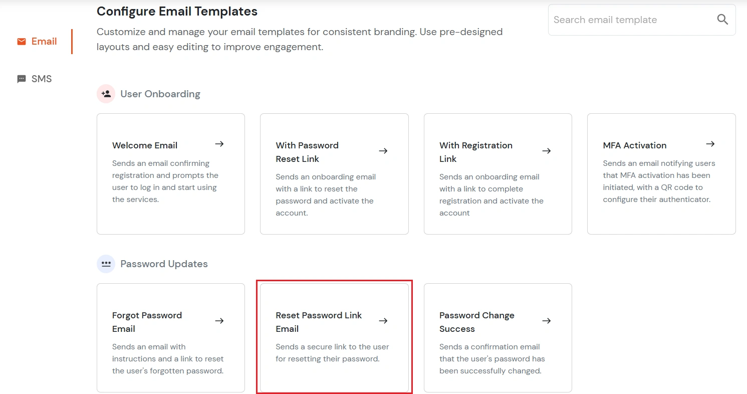 miniOrange Identity Platform Partner Portal Handbook: Select Reset Password Link Email Template