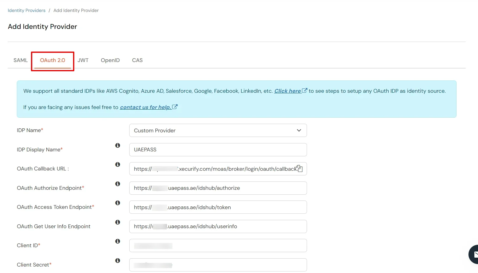 Select OAuth to setup UAE PASS as IDP : In OAuth 2.0 tab, enter required details