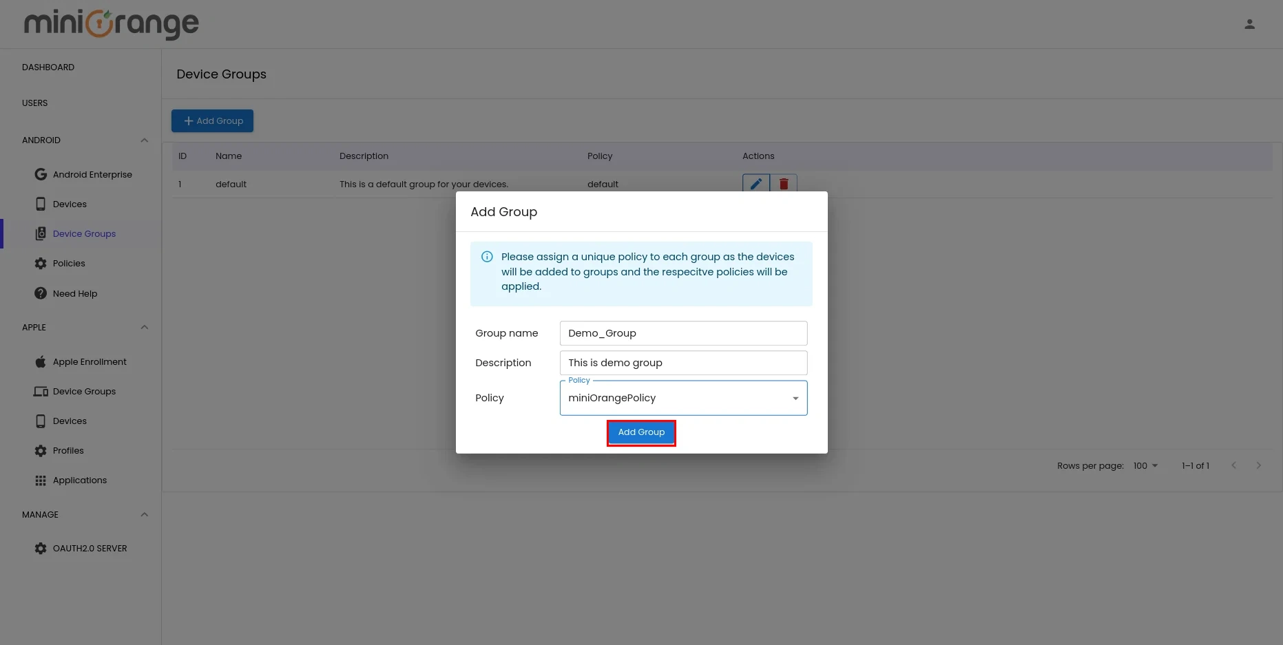Enroll Android Devices into MDM- click add group