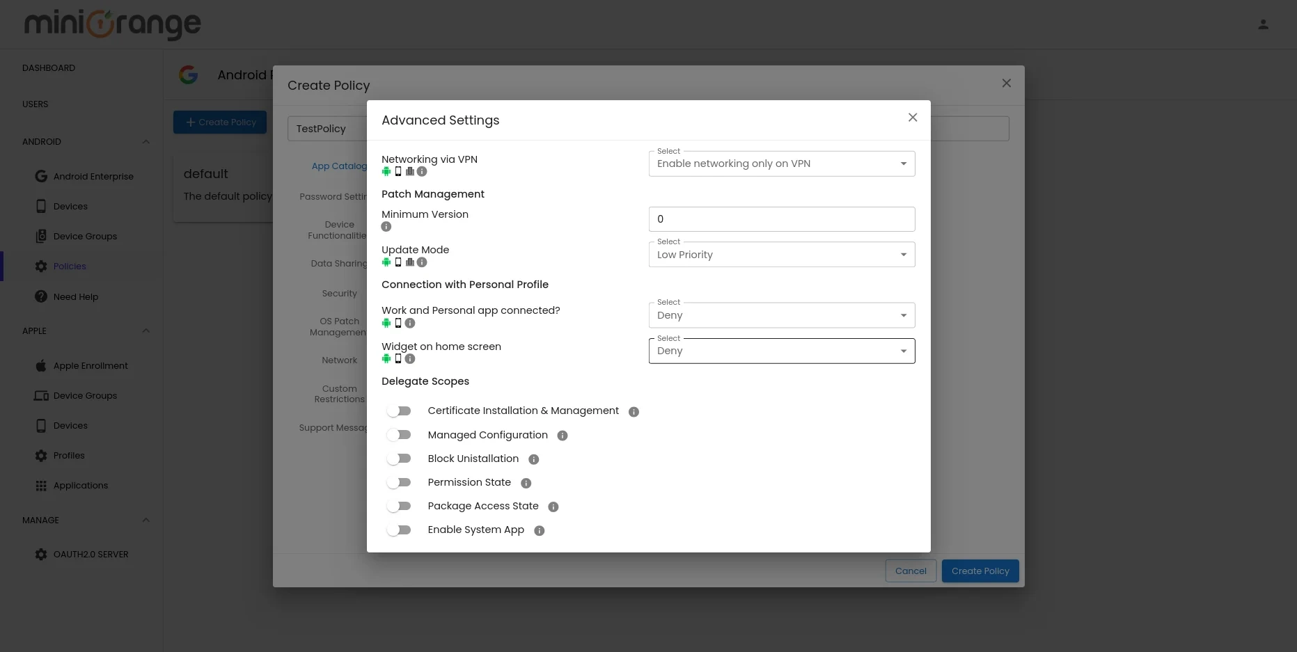 Select advanced settings configuration MDM