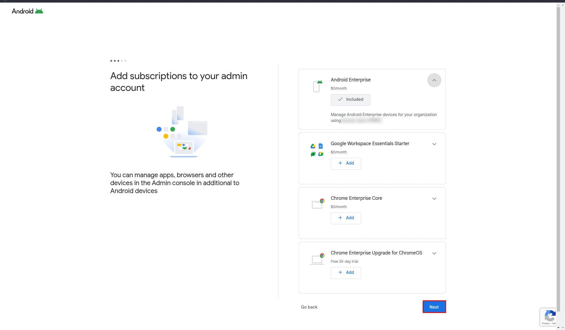 Android for Work registration MDM- click Android Enterprise option