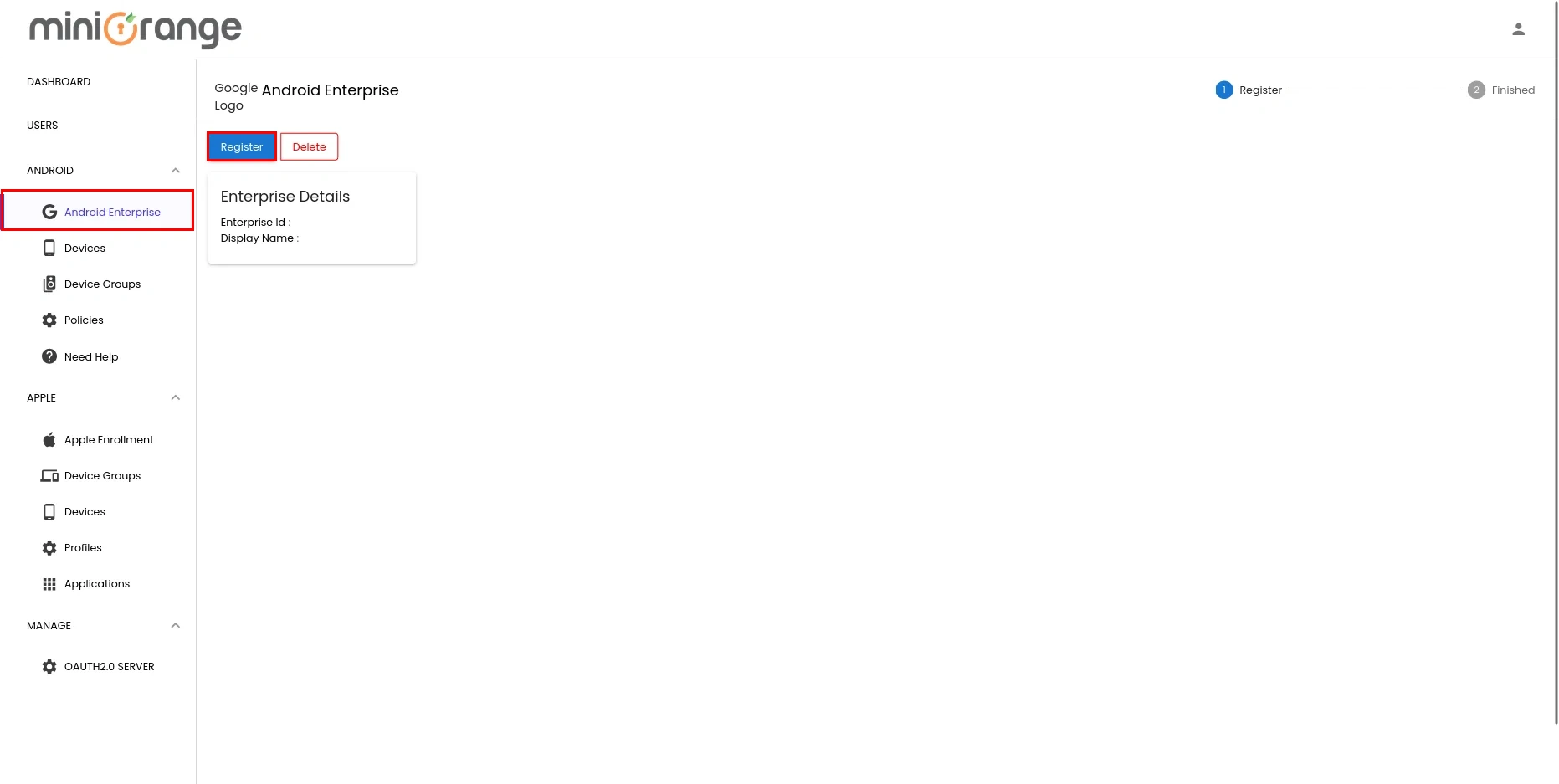 Android Enterprise Register dashboard