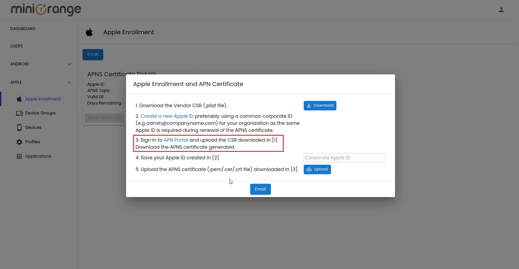 Android Enterprise Register dashboard