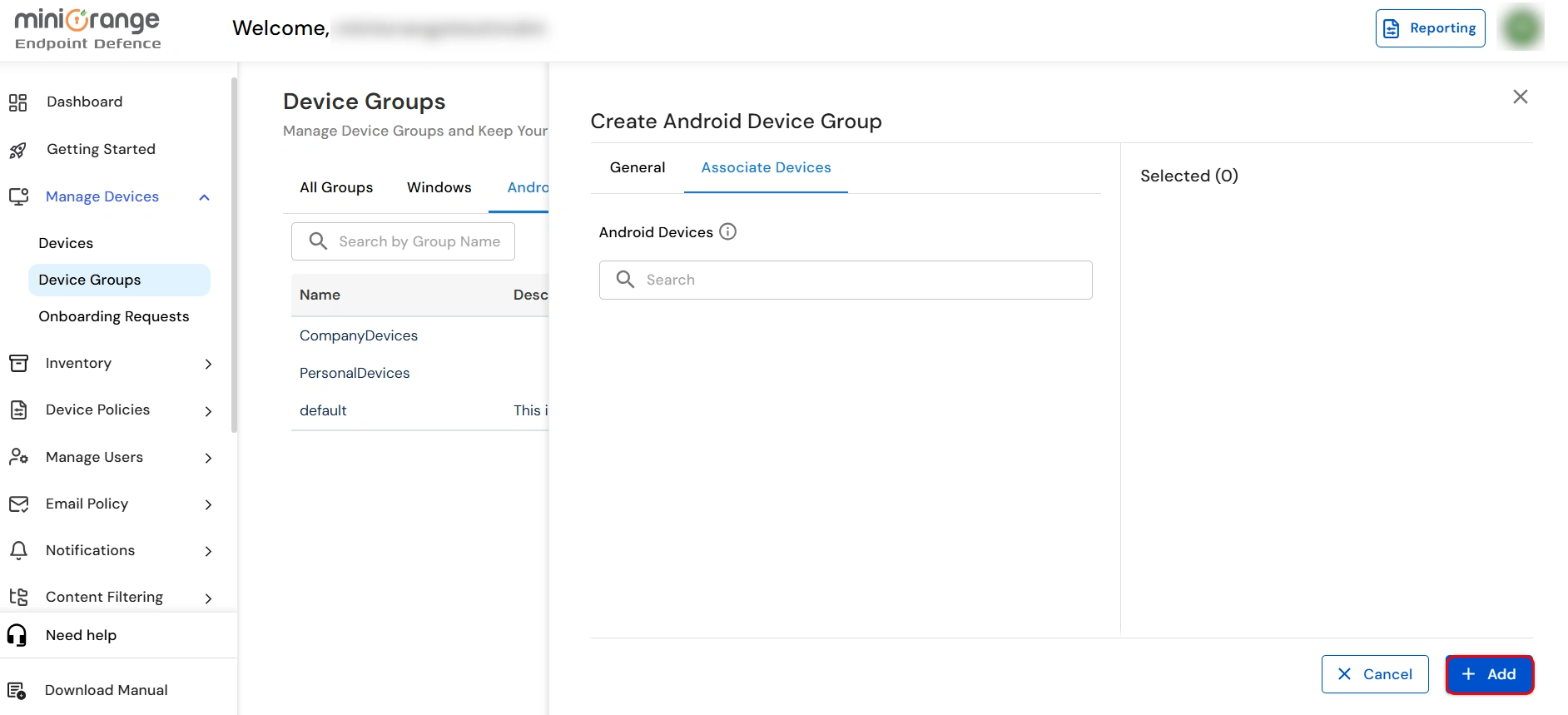 Associated Devices selection list for Android MDM device group