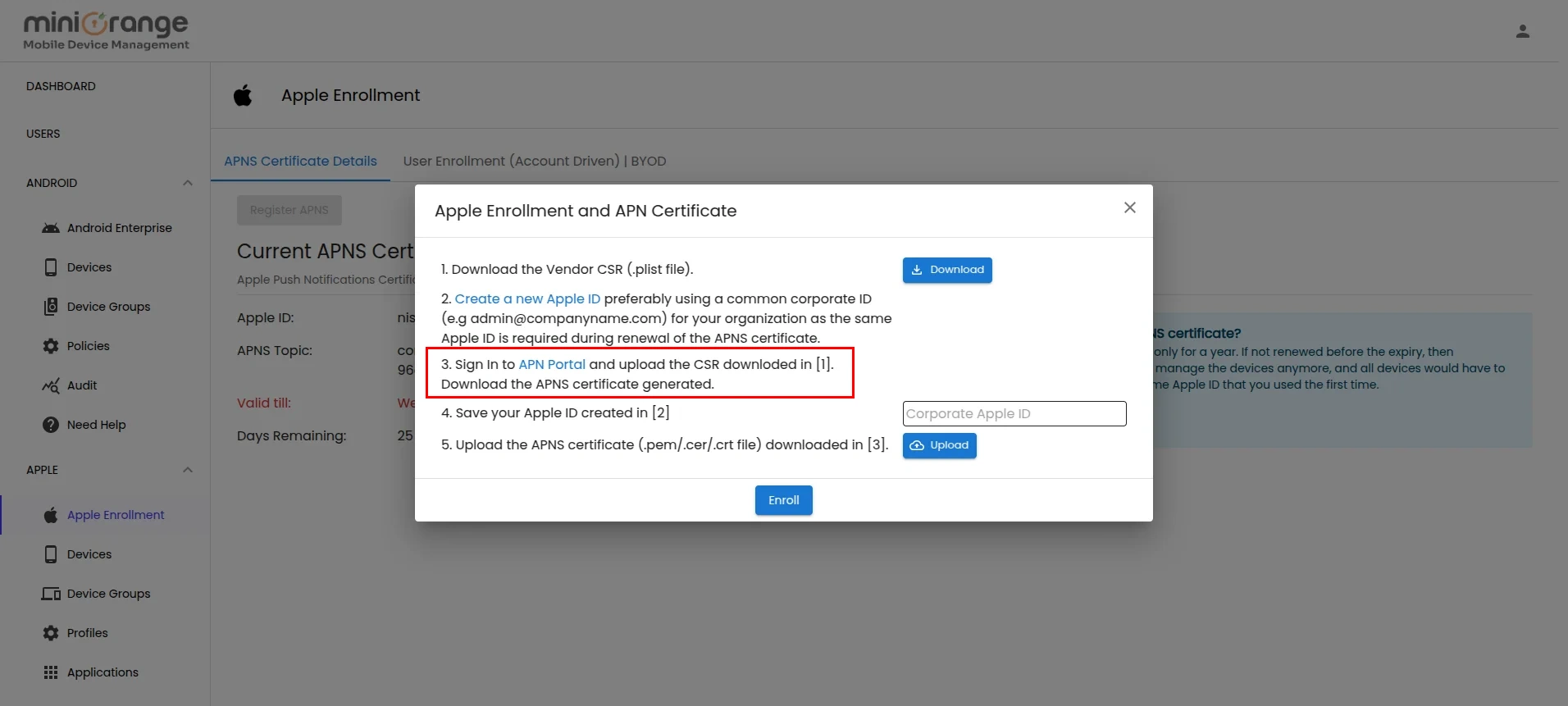 click on apple apns portal 