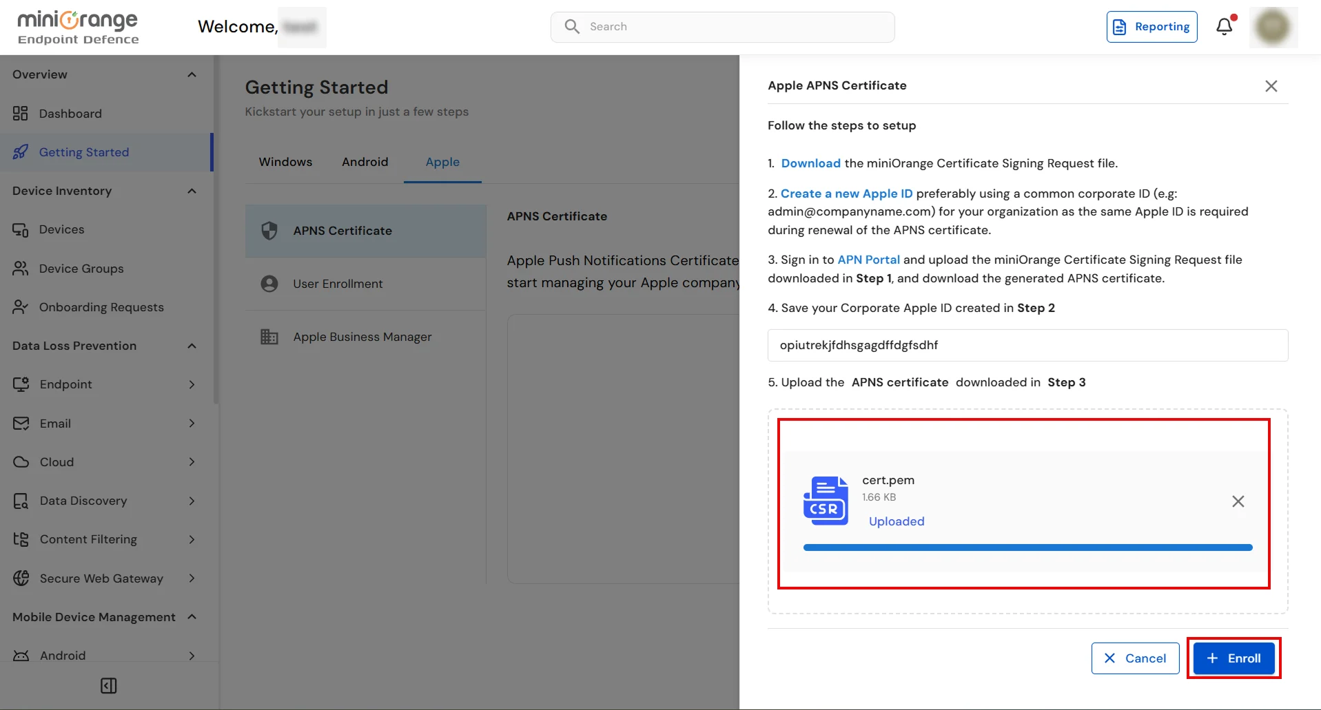 Upload APNs certificate