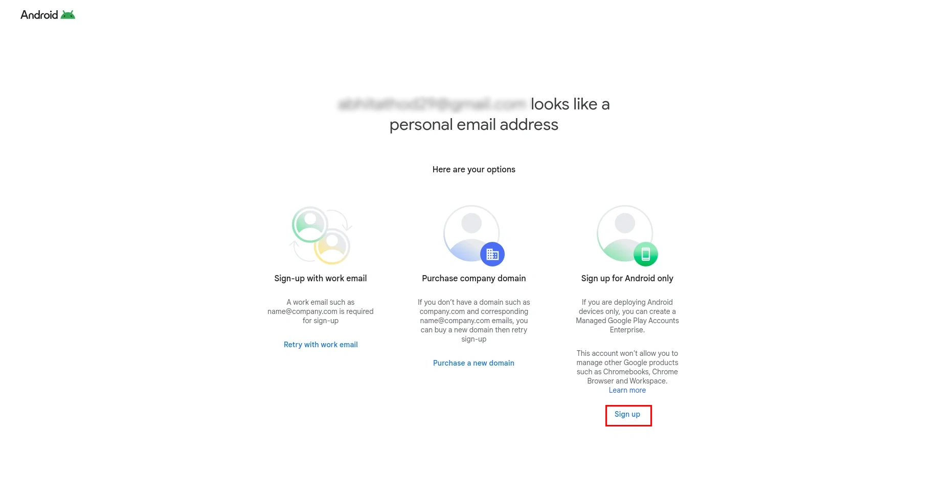 Android for Work registration MDM- click sign up