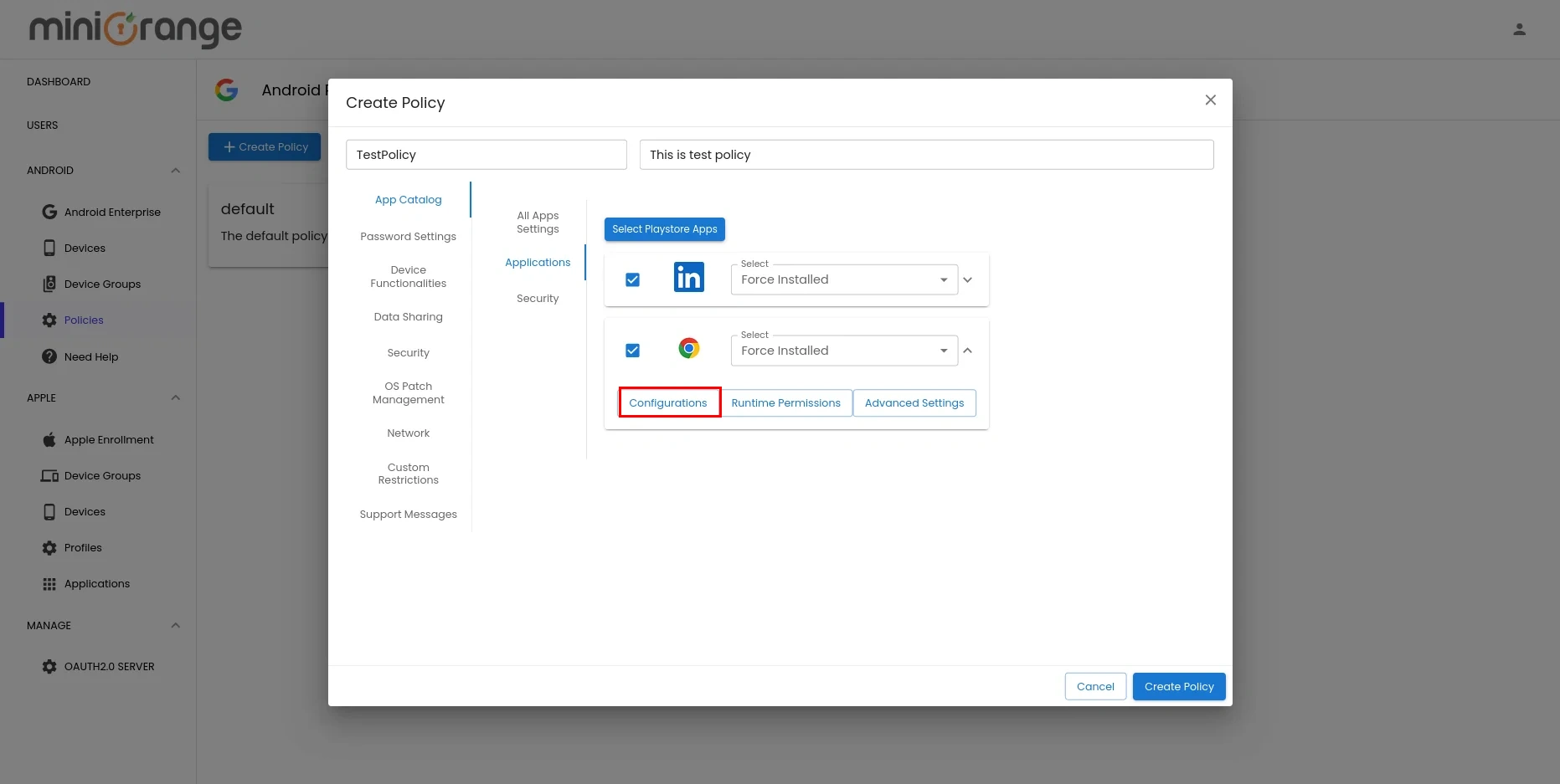 Enroll Android Devices into MDM-configure apps allows managed devices