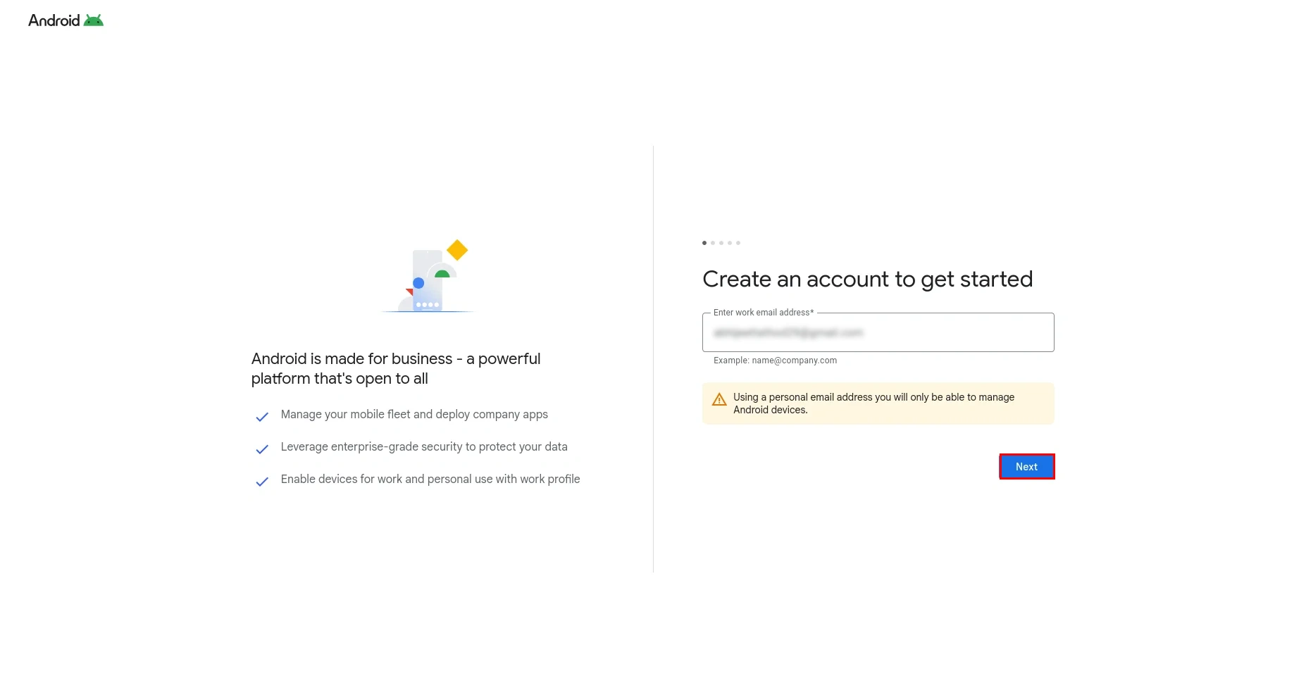 Android for Work registration MDM- click next