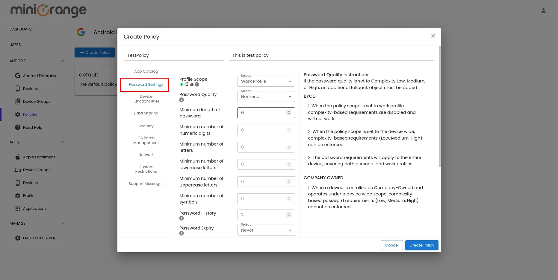 create policy passwords setting