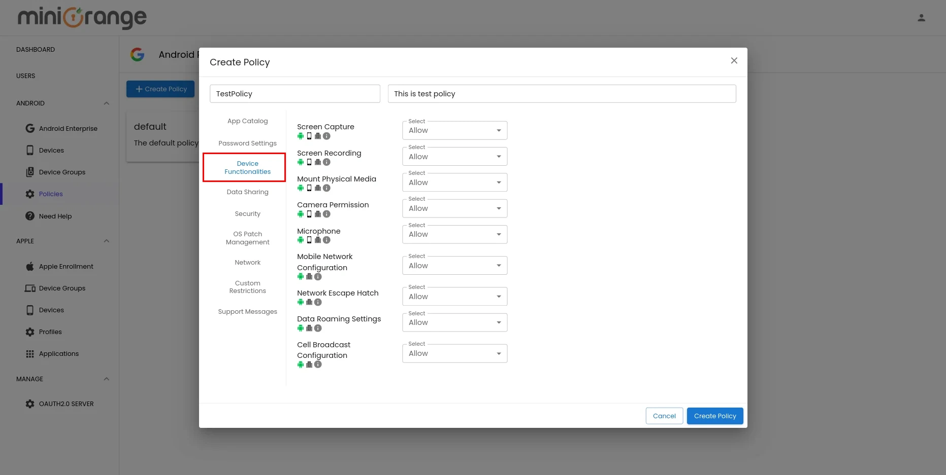 devices functionalities MDM policy