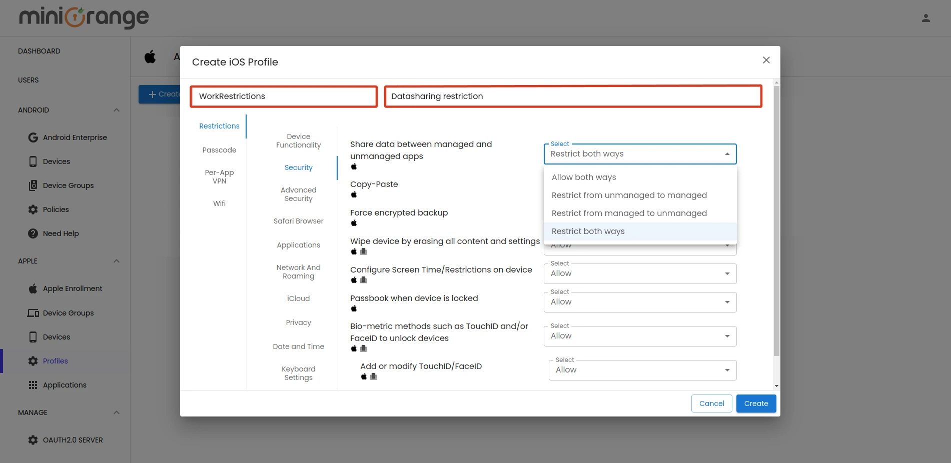 Enter iOS profile Details and Apply Restriction
