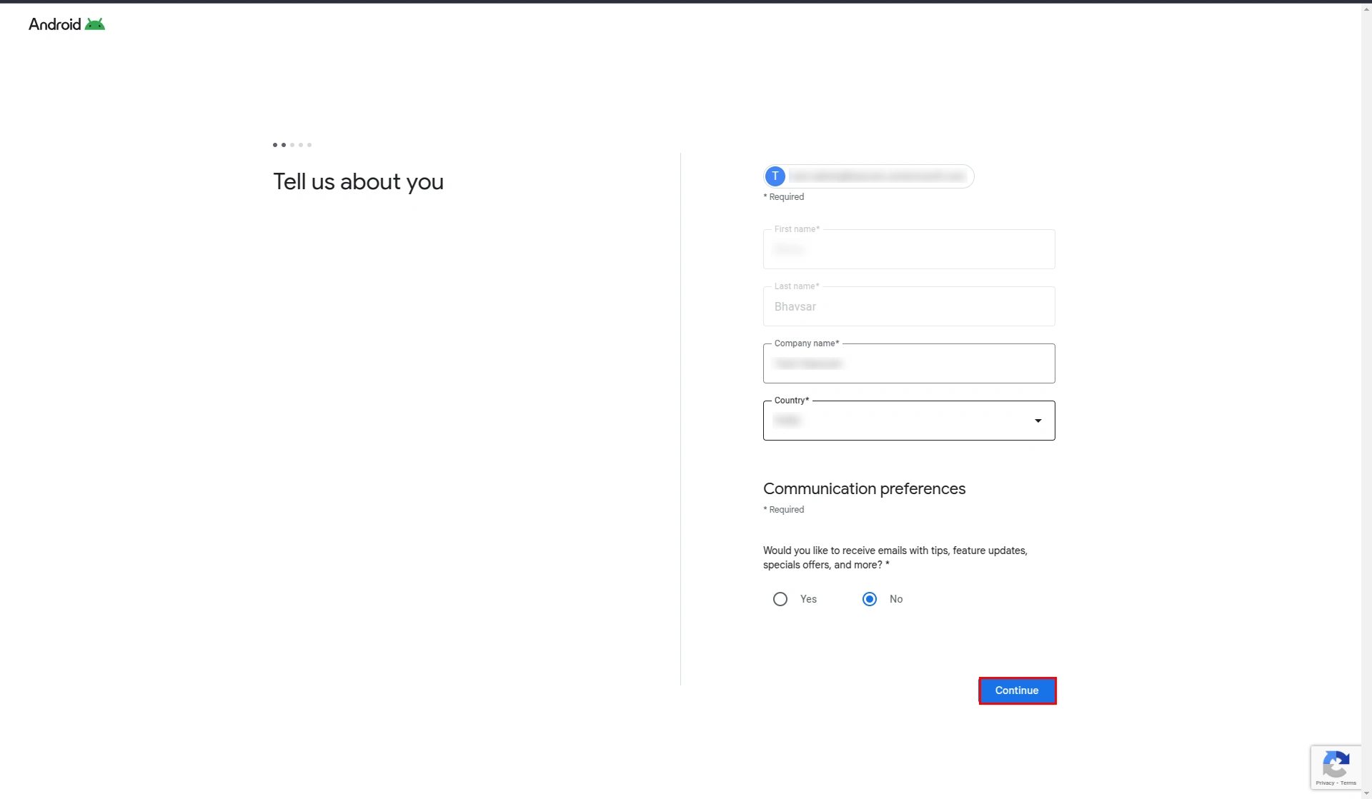 Android for Work registration MDM- Enter the remaining information