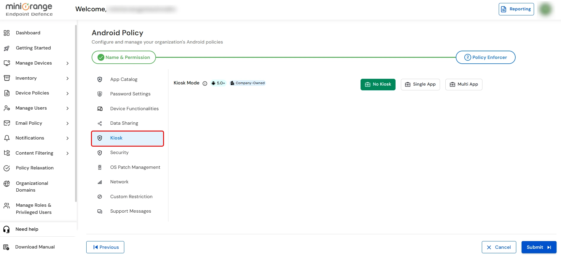 Kiosk mode configuration for single app and multi app mode in Android MDM