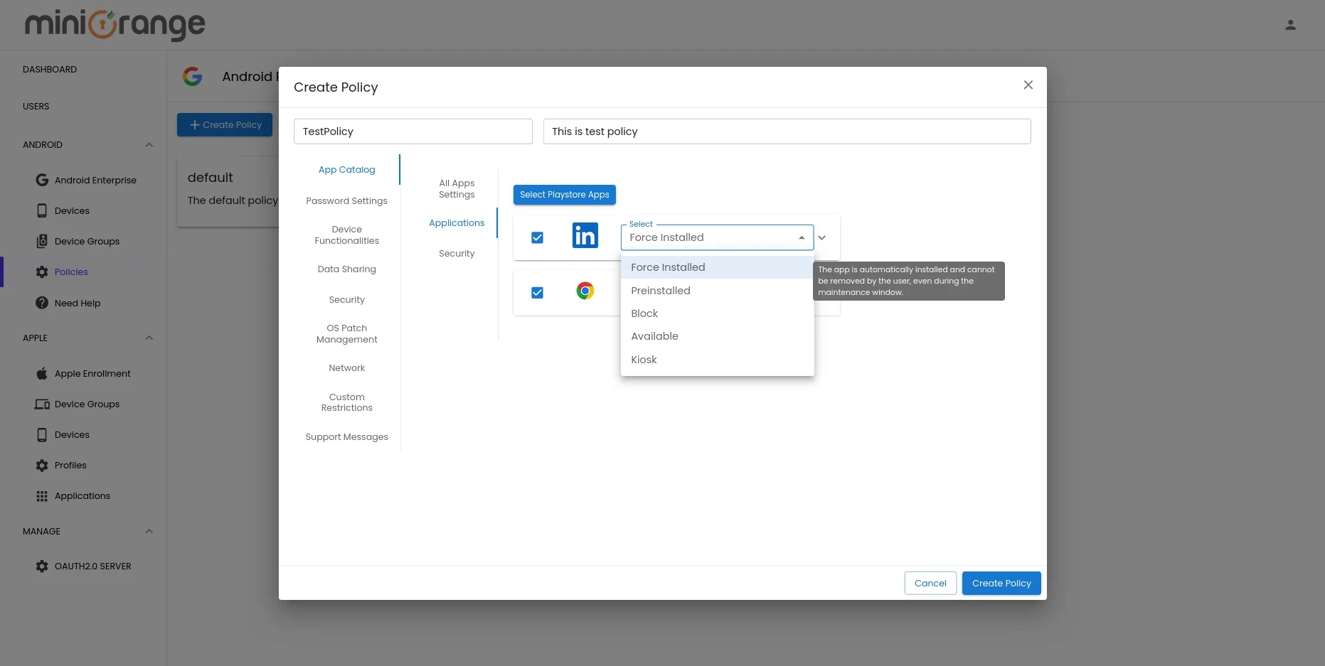 Enroll Android Devices into MDM-list all apps policy MDM