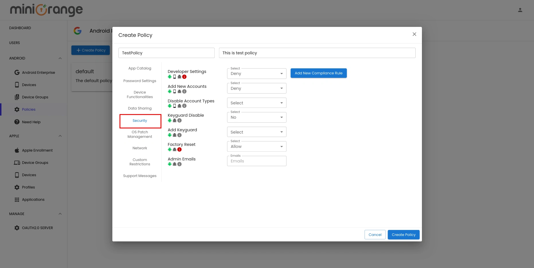 security add new compliance rule