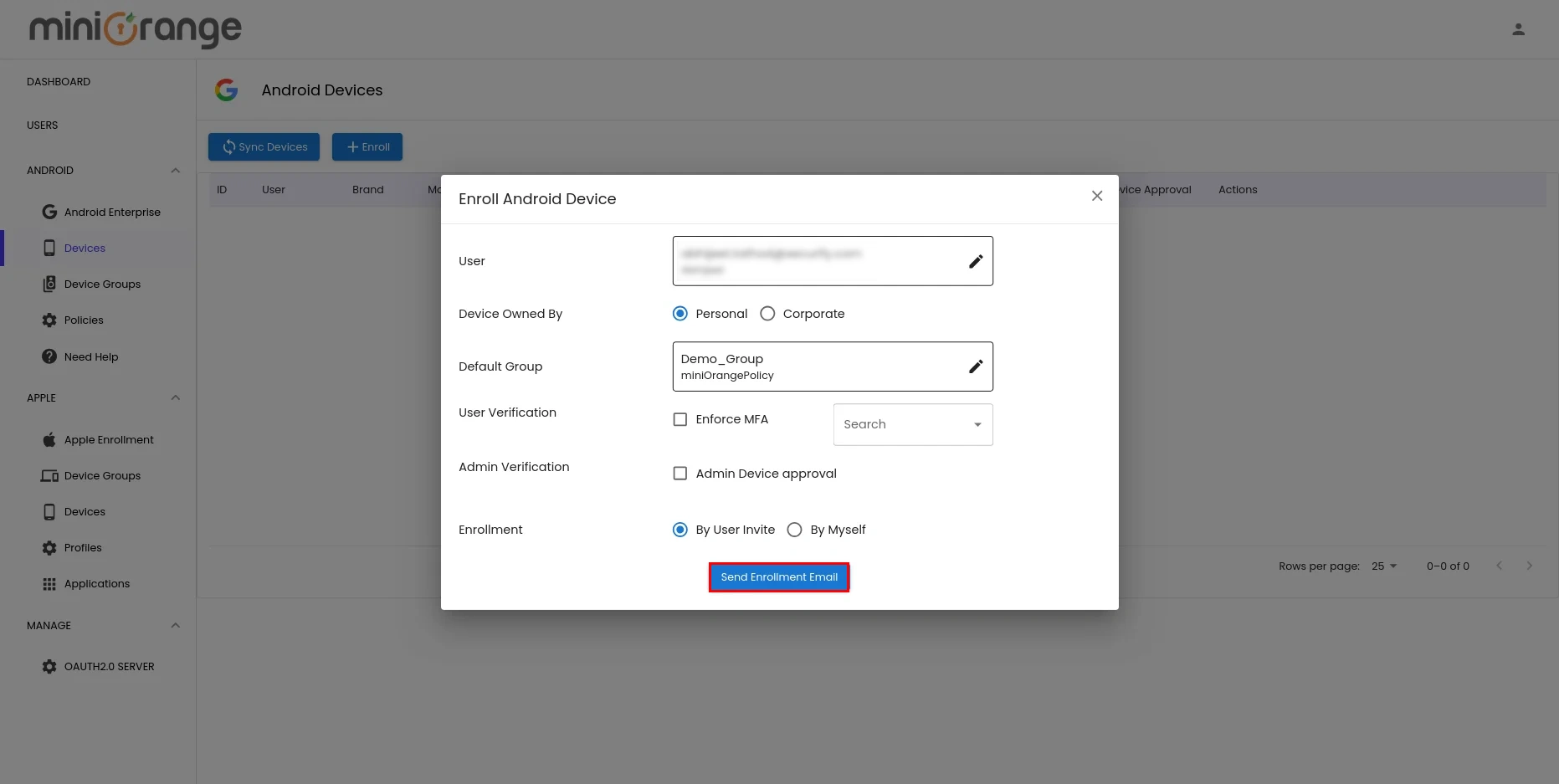 send enrollment email android user