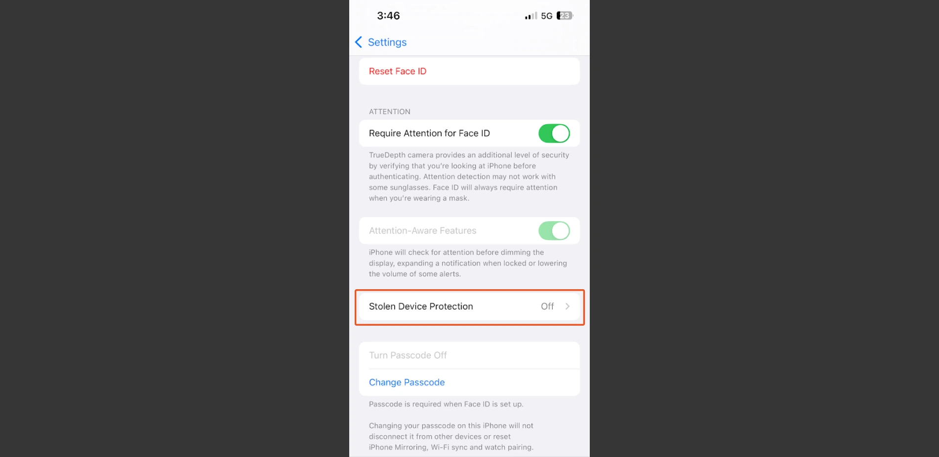 Turn off Stolen Device Protection in iOS