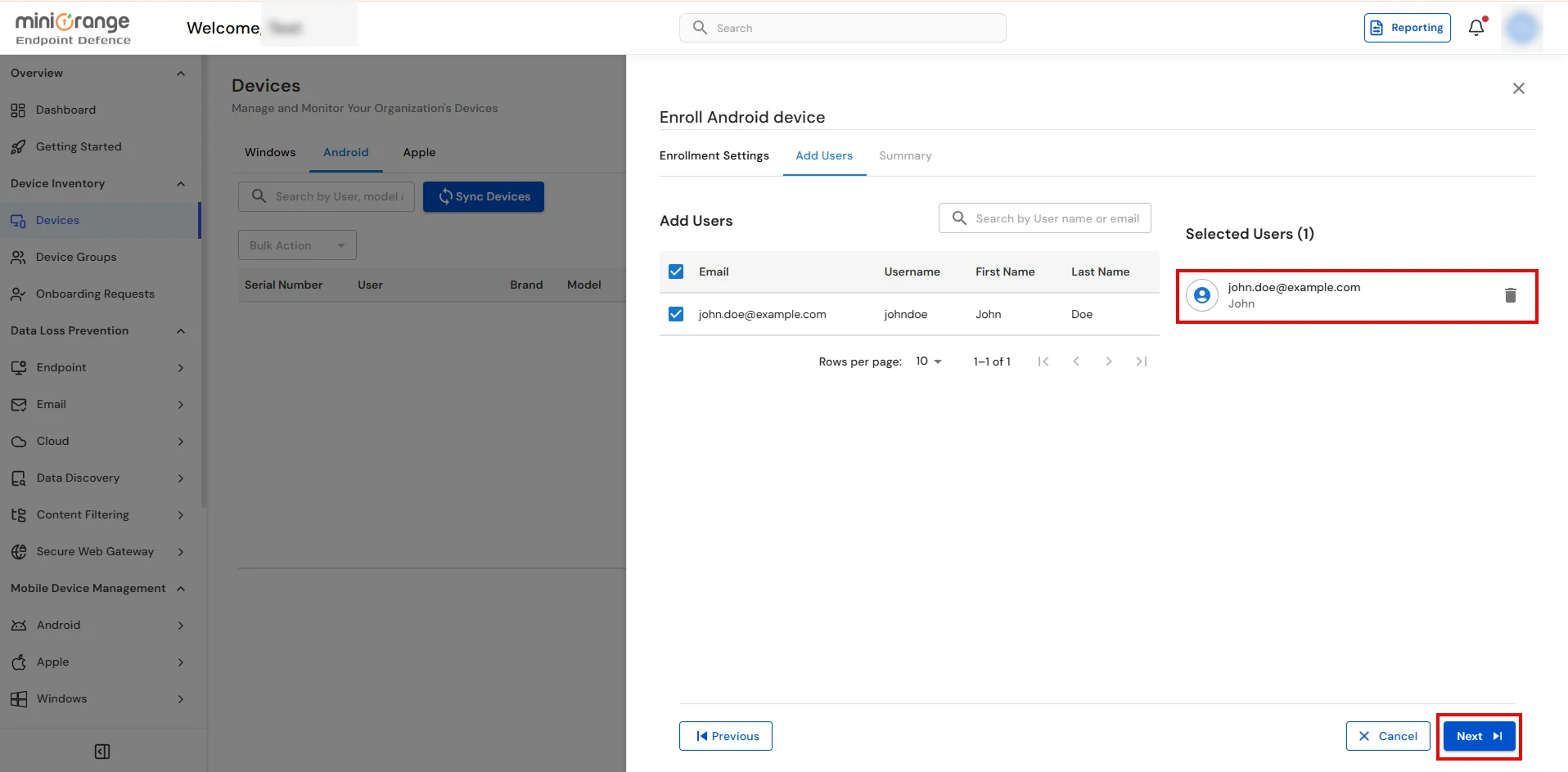 Add users for Android BYOD enrollment in miniOrange UEM