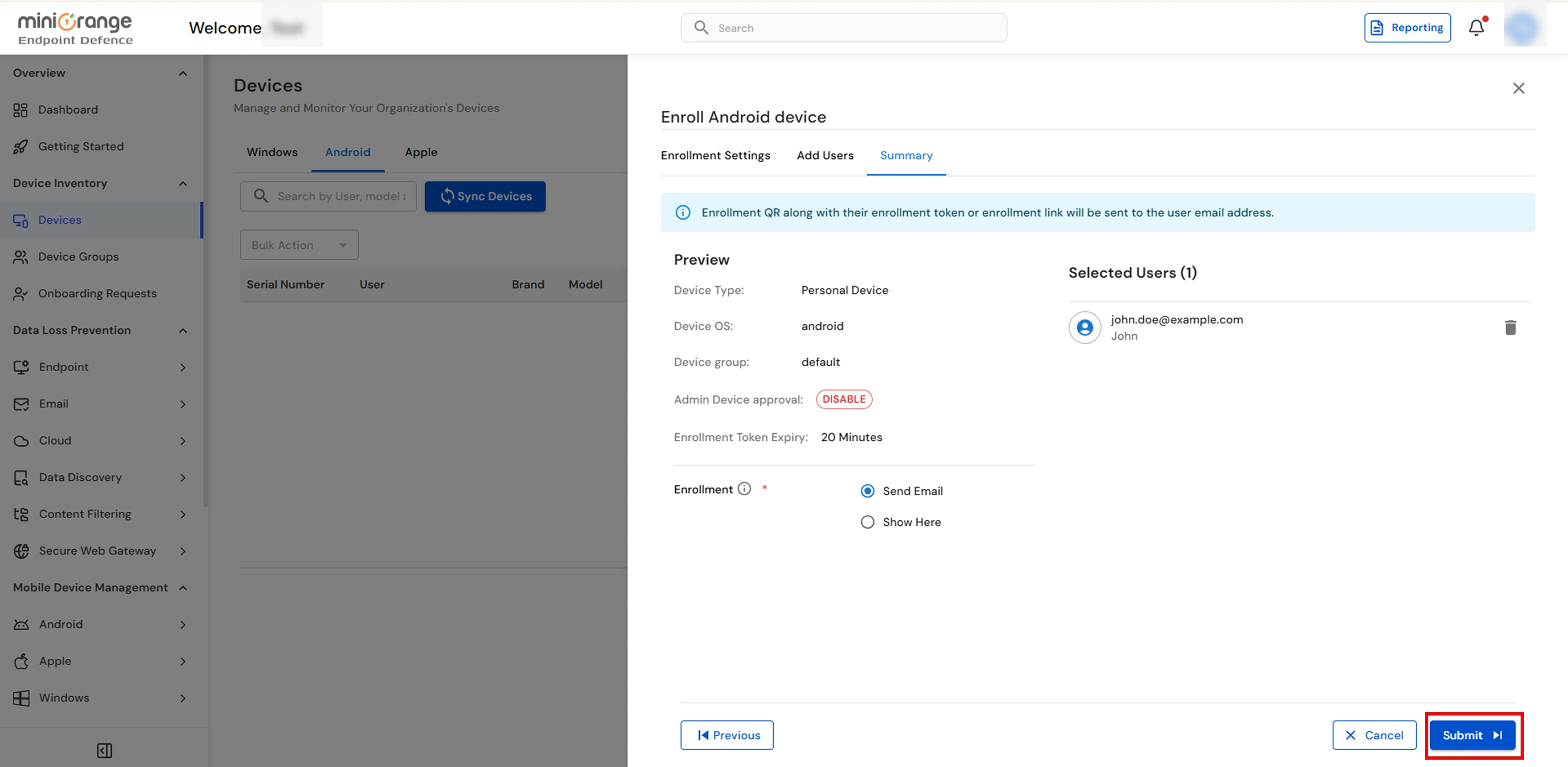 Android BYOD enrollment summary showing Send Email and Show Here options