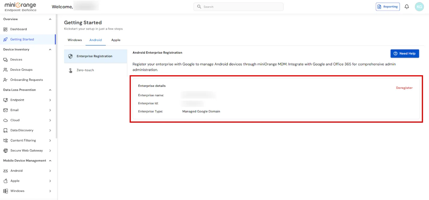 Android Enterprise registration successful with enterprise details shown for Android MDM in miniOrange UEM