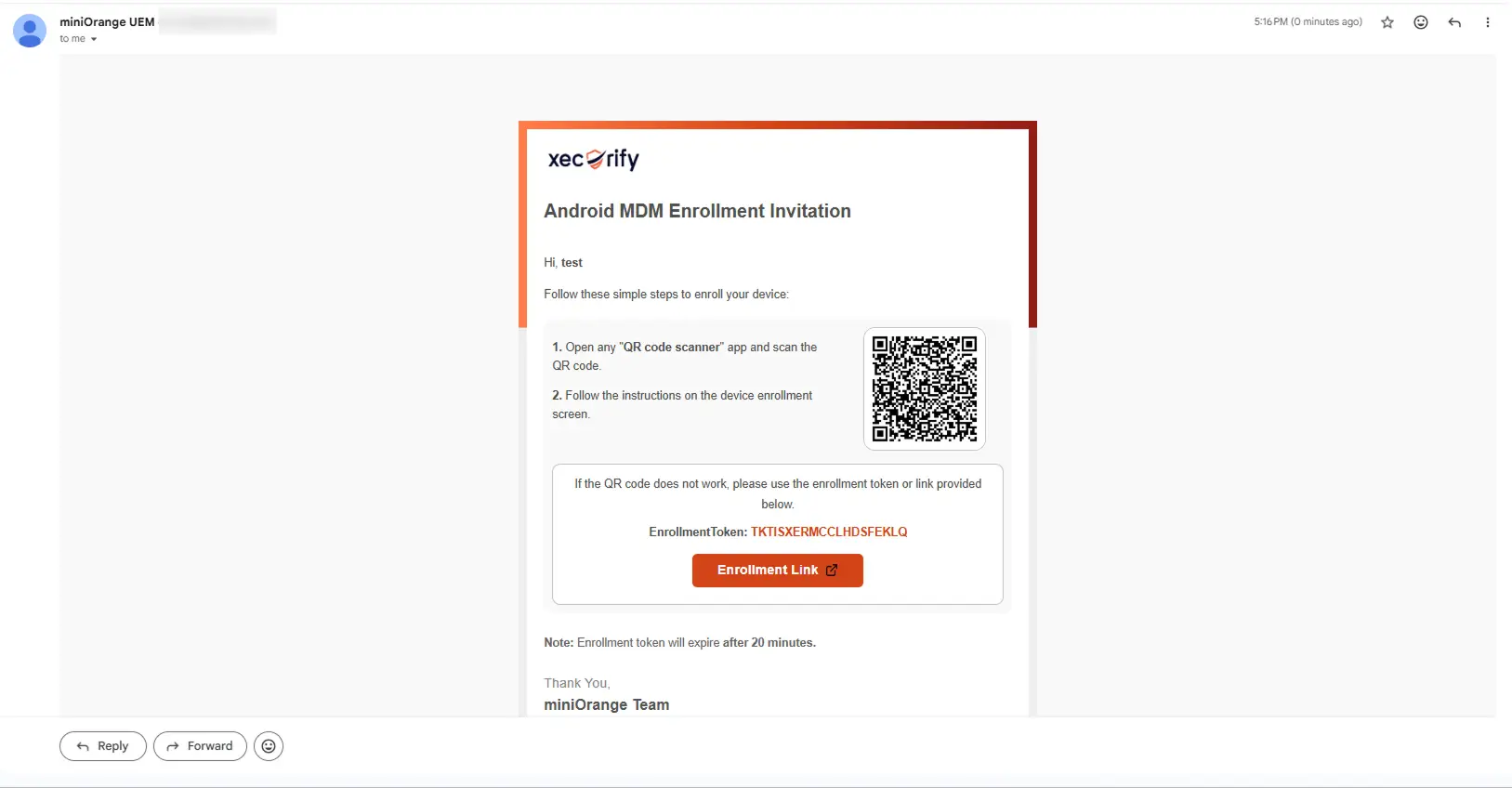 Android BYOD enrollment email with QR code, enrollment token, and enrollment link