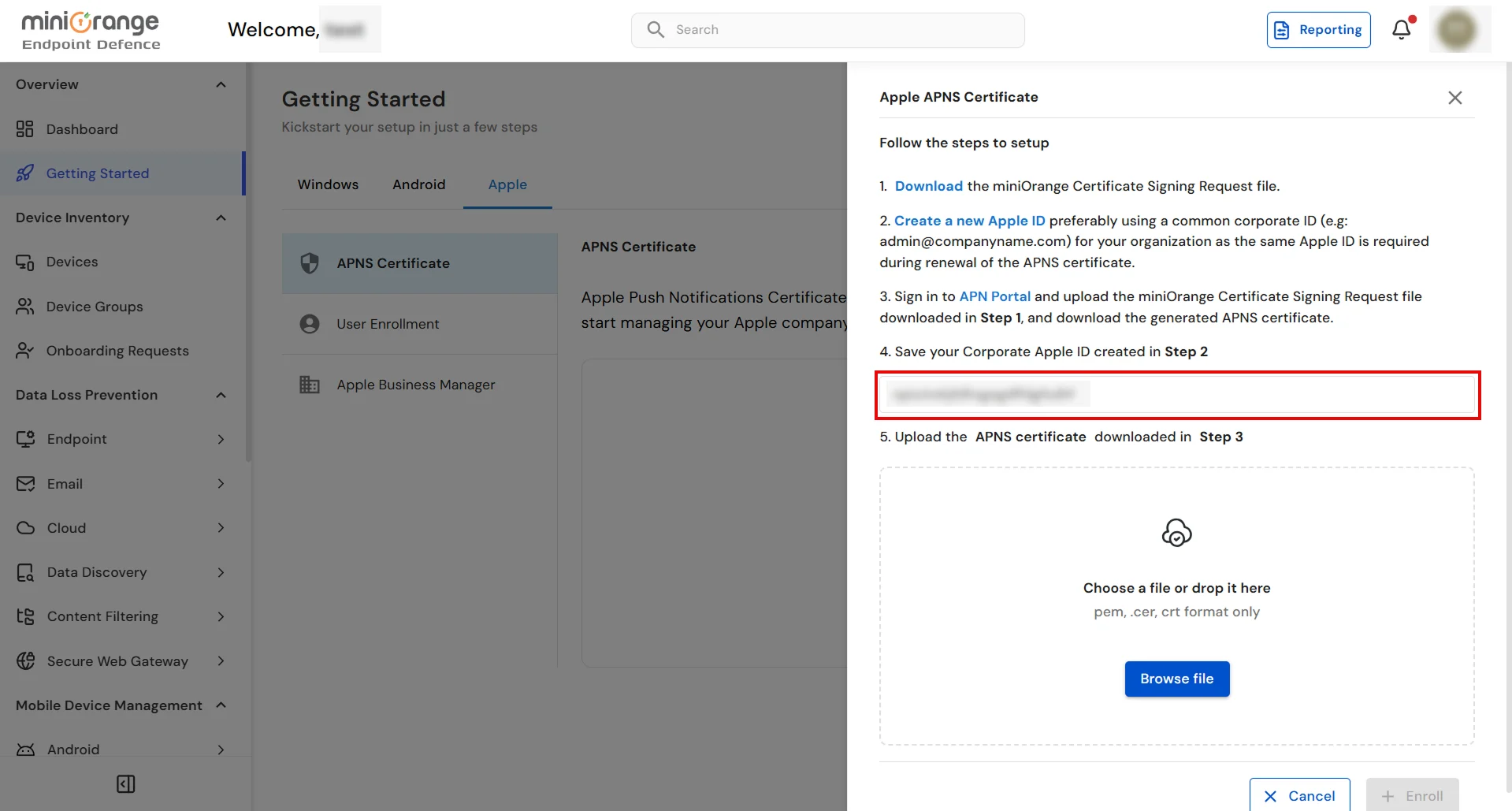 Upload APNs certificate