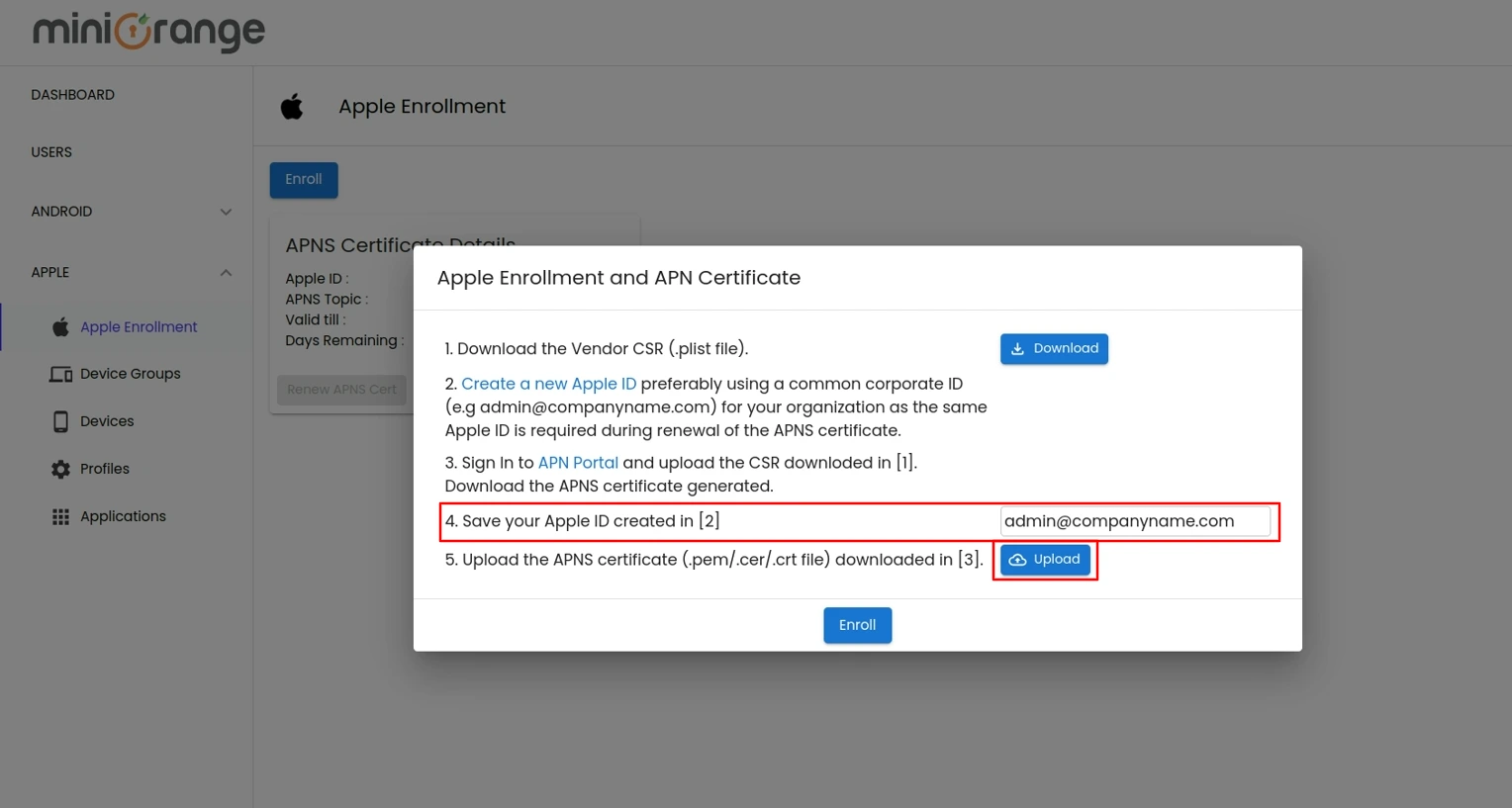 Android Enterprise Register dashboard
