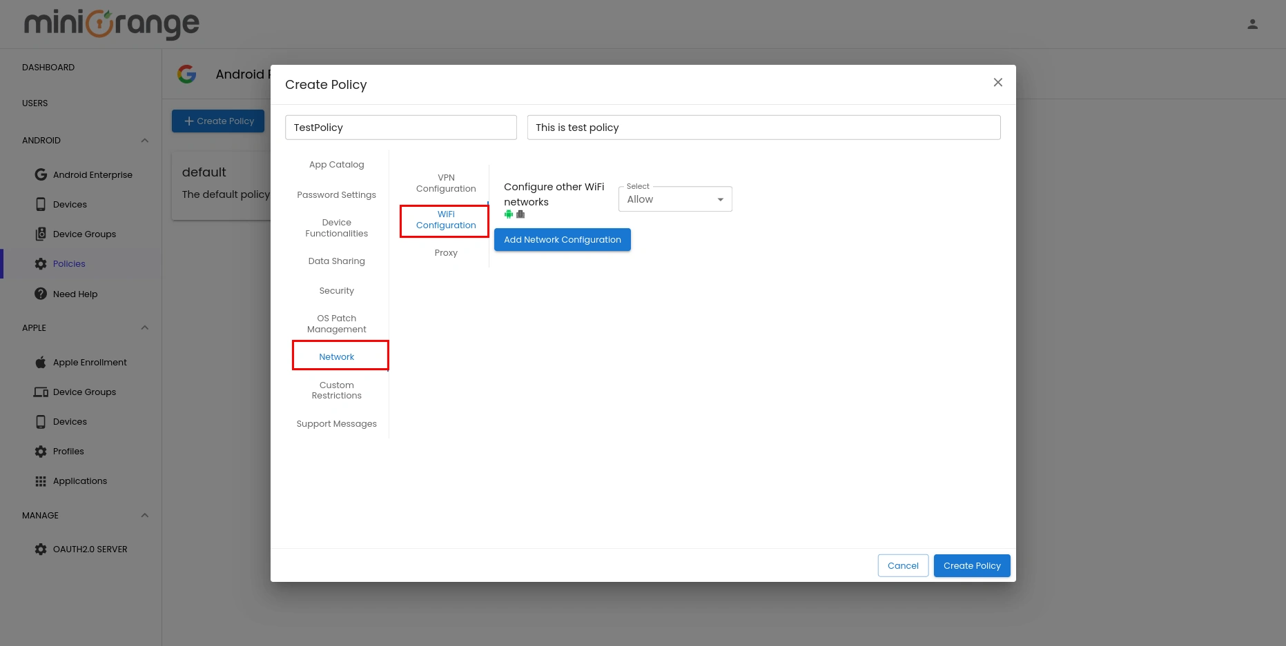Enroll Android Devices into MDM-network setting