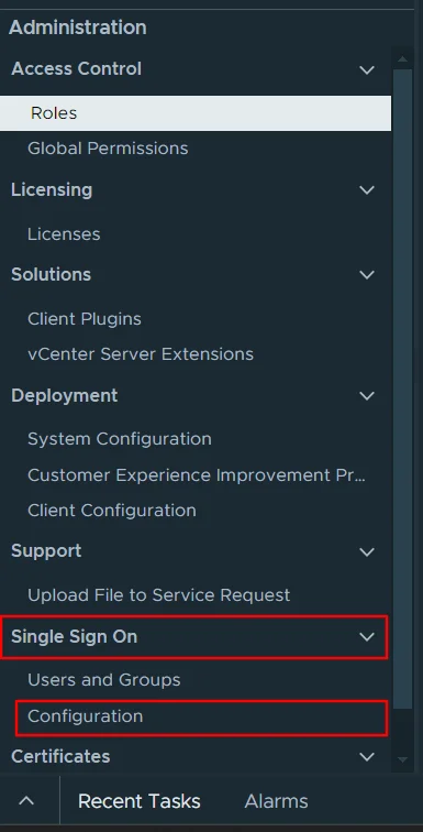 vCenter Single Sign-On - Navigate to Single Sign On >> Configuration