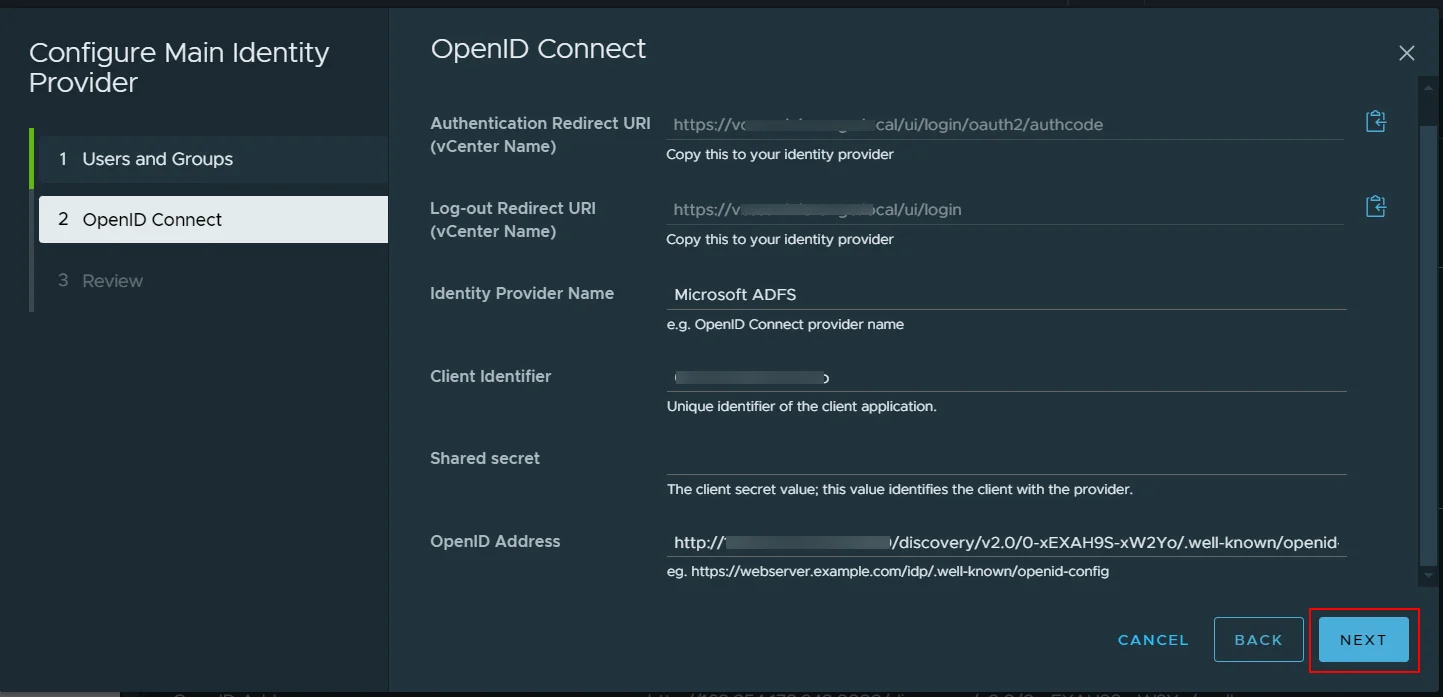 vCenter Single Sign-On - Enter OIDC App details from miniOrange dashboard