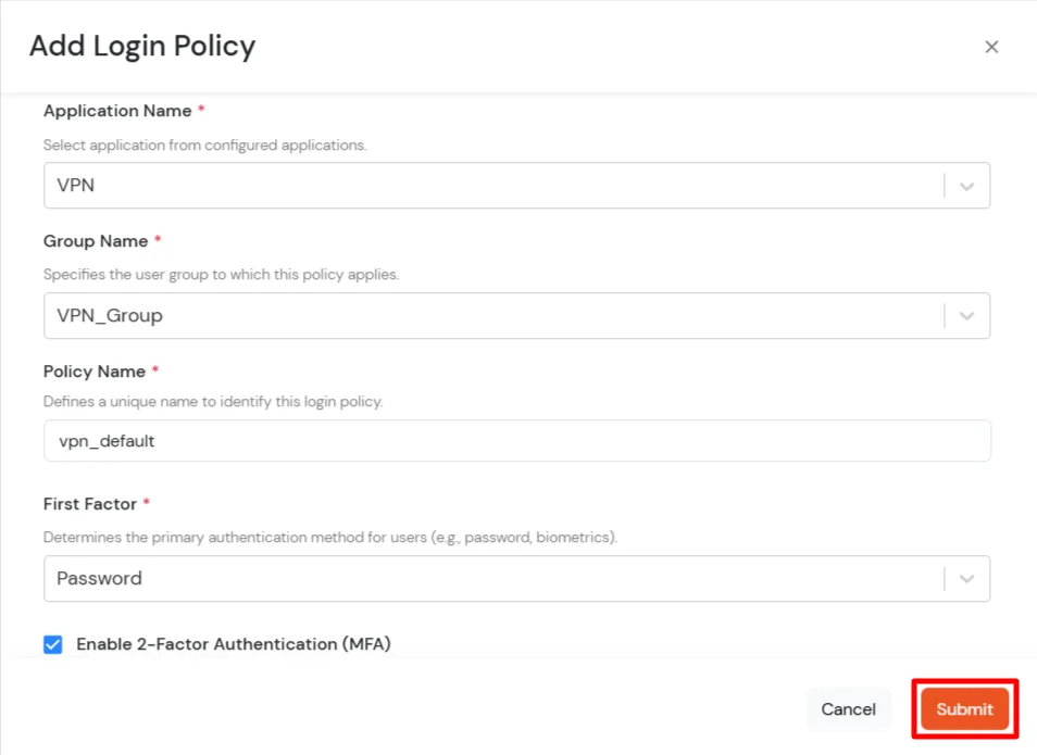 MFA/Two-Factor Authentication(2FA) for Palo Alto Networks  App Add Policy