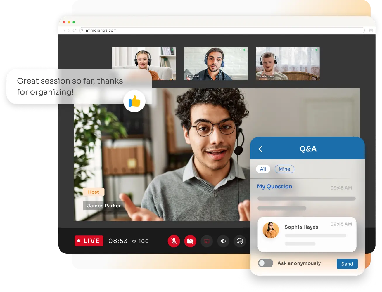 Live miniOrange webinar session with host, participants, and Q&A panel