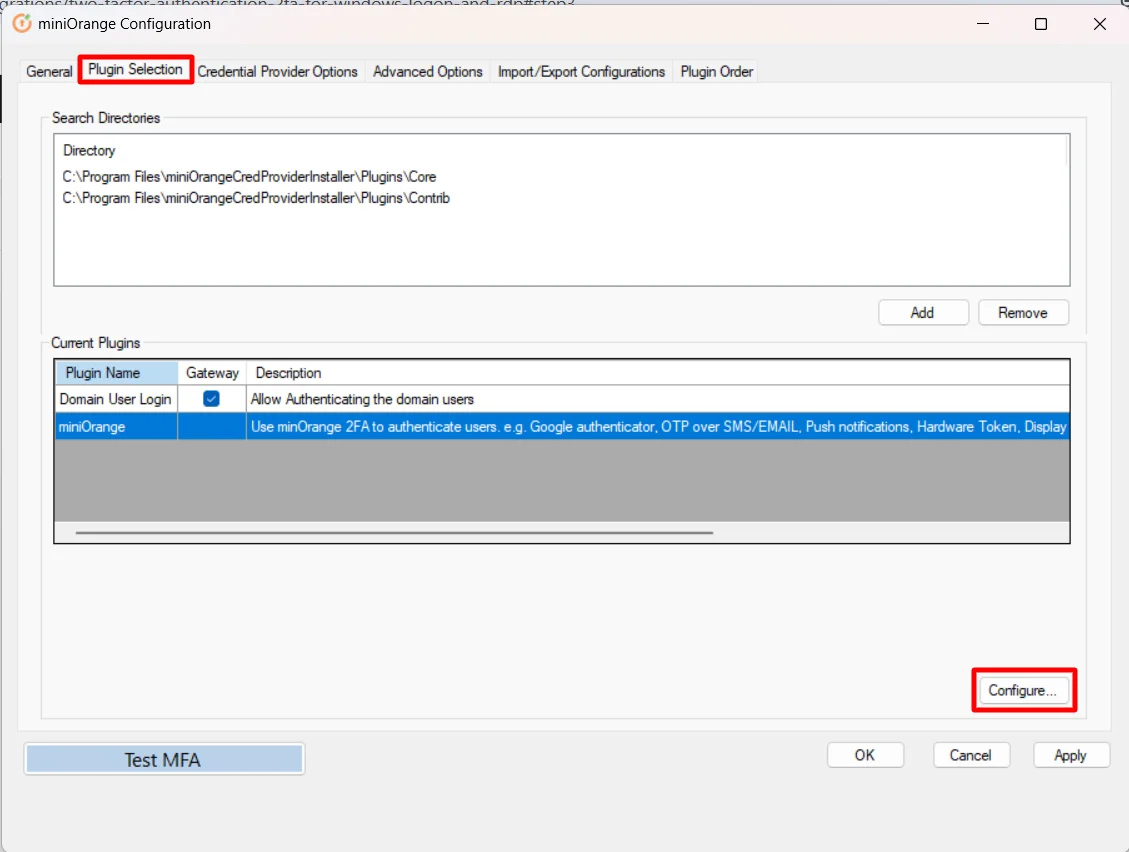 Microsoft Windows MFA Plugin Selection Click Configure