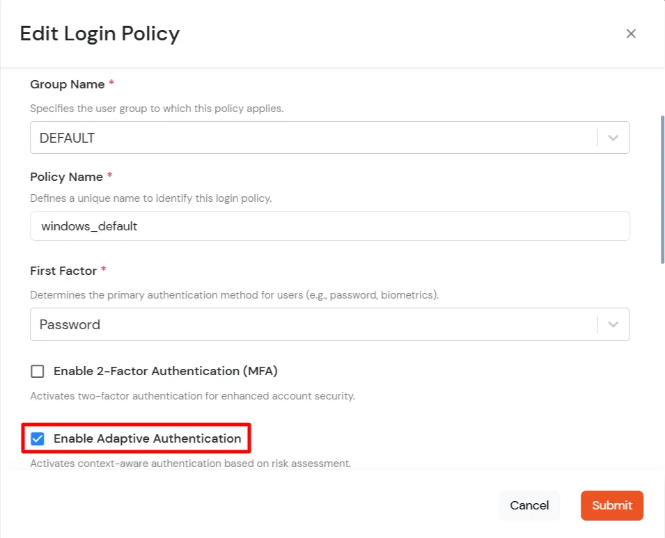 Click Edit icon to predefined app policy and enable Adaptive Authentication