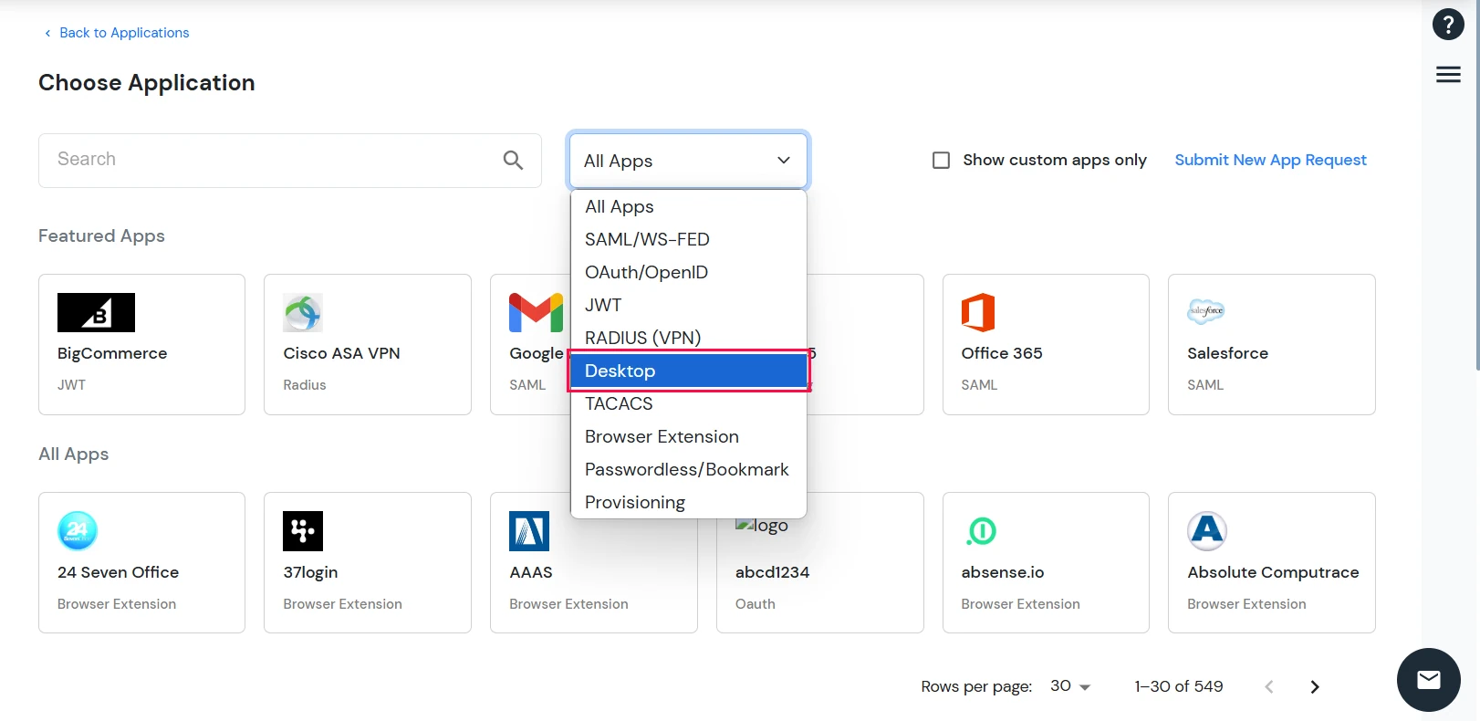 Select Desktop as application type to configure Windows 2FA