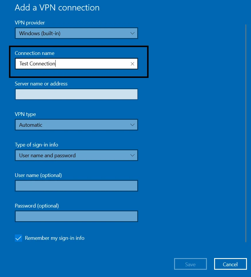 MFA/2FA Two-Factor Authentication for Windows VPN :  Enter a Connection name.