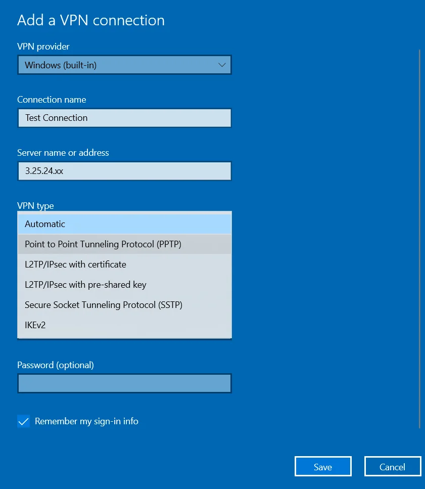 MFA/2FA Two-Factor Authentication for Windows VPN :  Select VPN Type