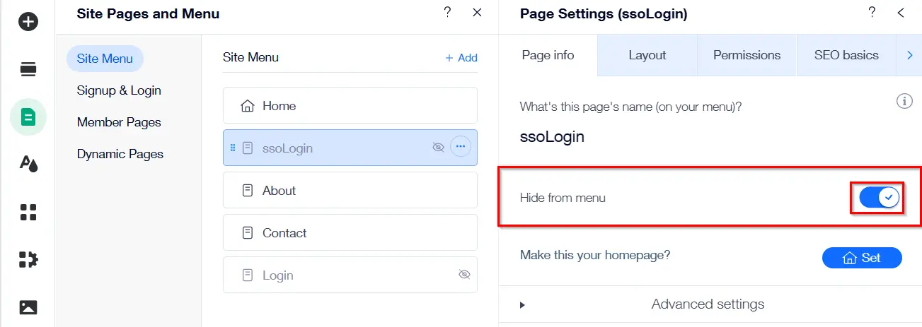 Wix IDP - Enable Hide from Menu