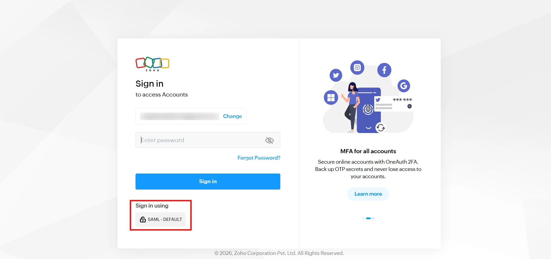 Zoho Single Sign-On (SSO): Click Sign in using SAML on Zoho Login Page